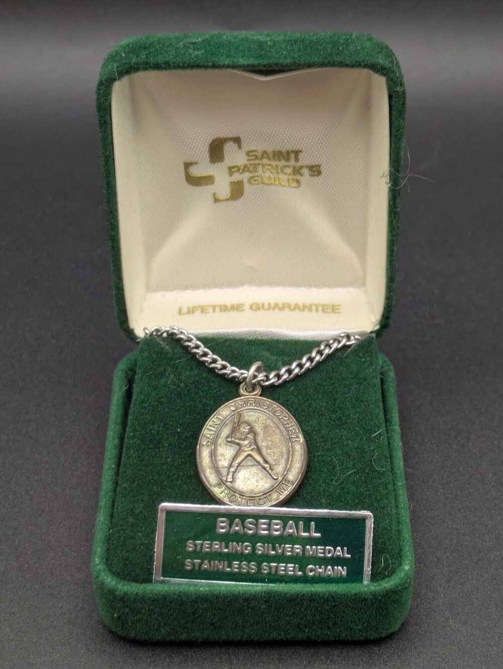 St. Patrick Guild Sterling Silver Medal Stainless Steel Chain Necklace Baseball